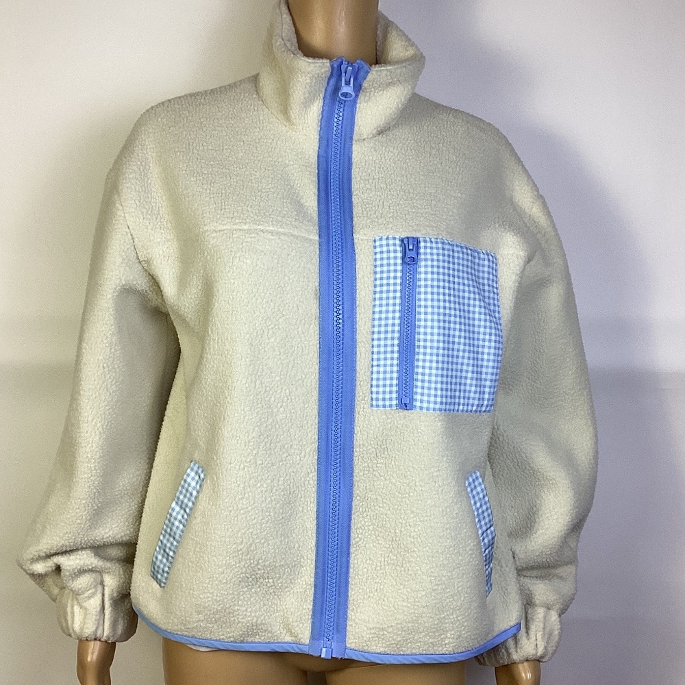 Sandy Liang x Target Sherpa Fleece Jacket Birch Cream Blue Plaid Sz S